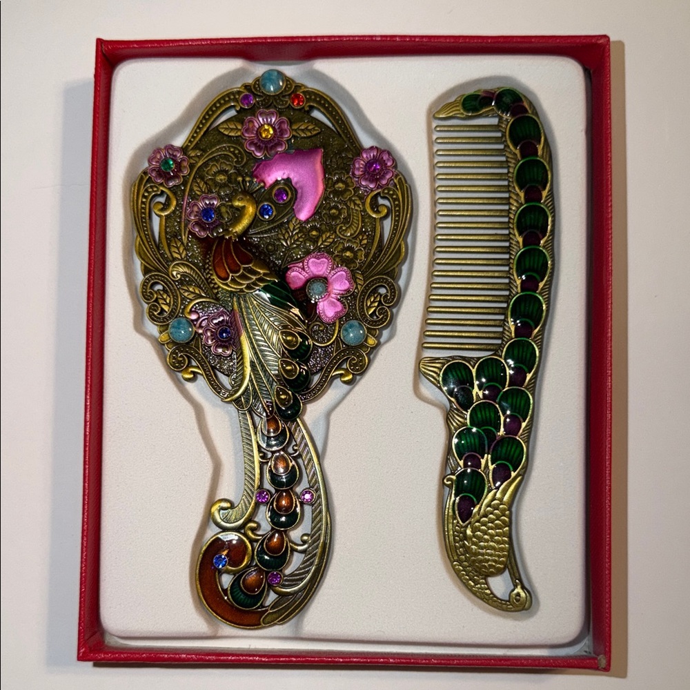Vintage Ornate Peacock Hand Mirror and Comb Set - Pink & Green Accents